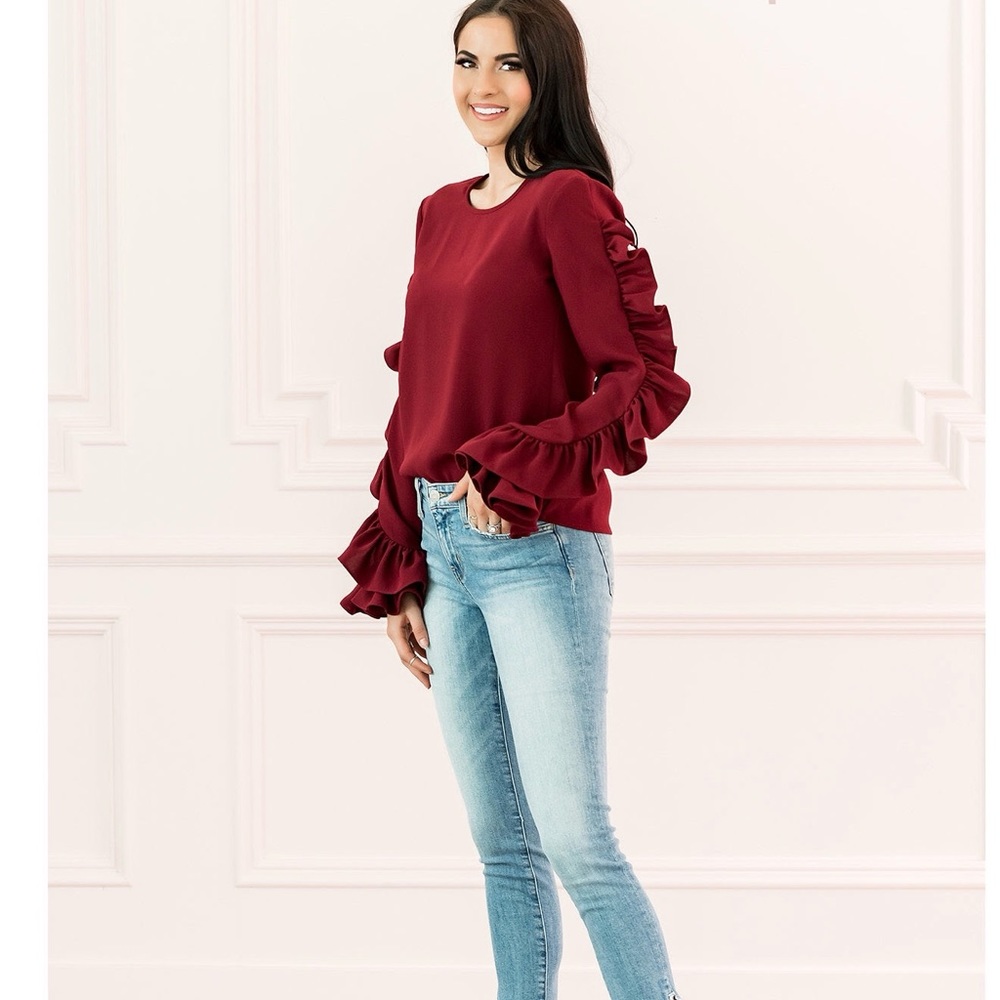 Elegant Burgundy Ruffle Sleeve Top